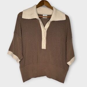 Varley Finch Knit Polo Short Sleeve Knit Sweater Taupe Stone Whitecap Size XL
